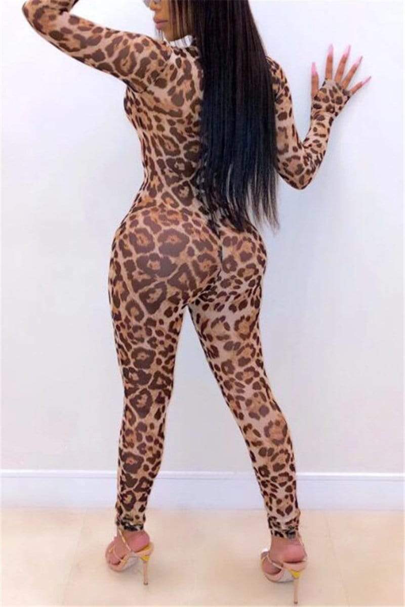 sexy perspective mesh leopard jumpsuit
