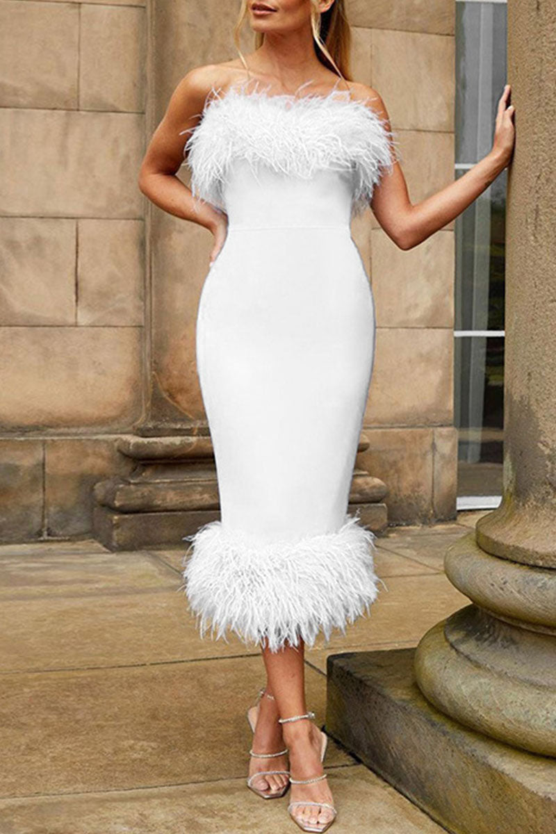 Sexy Solid Patchwork Feathers Strapless One Step Skirt Dresses