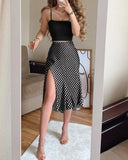 Plain Crop Top & High Slit Polkadot Print Midi Skirt Set