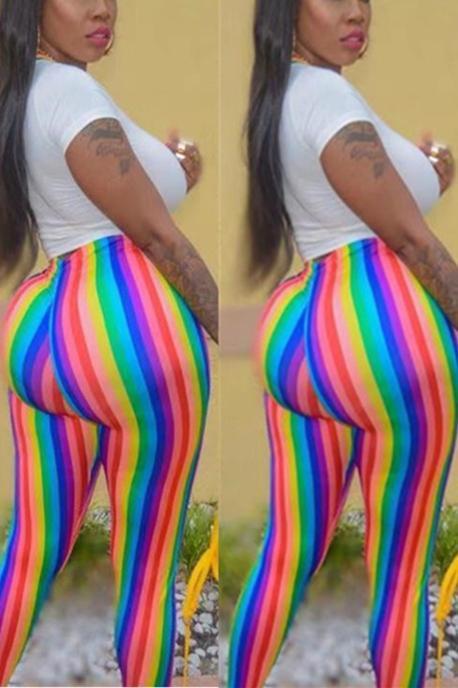 fashion rainbow print stripe two pieces
