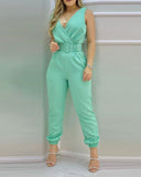 Plain Sleeveless Pocket Design Backless Jumpsuit