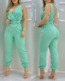 Plain Sleeveless Pocket Design Backless Jumpsuit