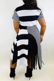 fashion round neck striped irregular tassel dress