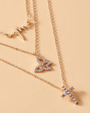 Rhinestone Butterfly & Cross Pendant Layered Necklace