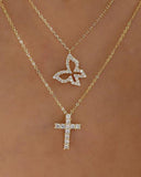 Rhinestone Butterfly & Cross Pendant Layered Necklace