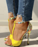 Contrast Color Floral Splicing Ankle Strap Heeled Sandals