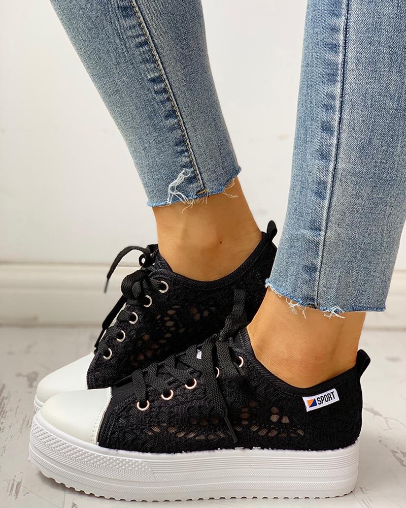 Colorblock Eyelet Hollow Out Lace Up Sneakers