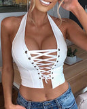 Halter Eyelet Lace up PU Leather Crop Top