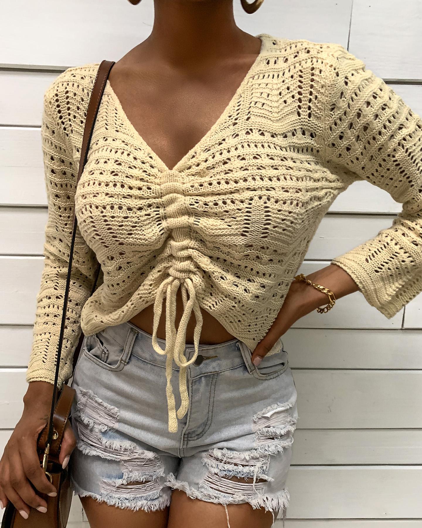Hollow Out Drawstring Ruched Knit Sweater
