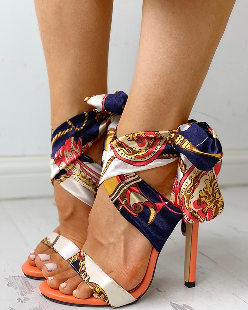Satin Print Knotted Detail Thin Heeled Sandals