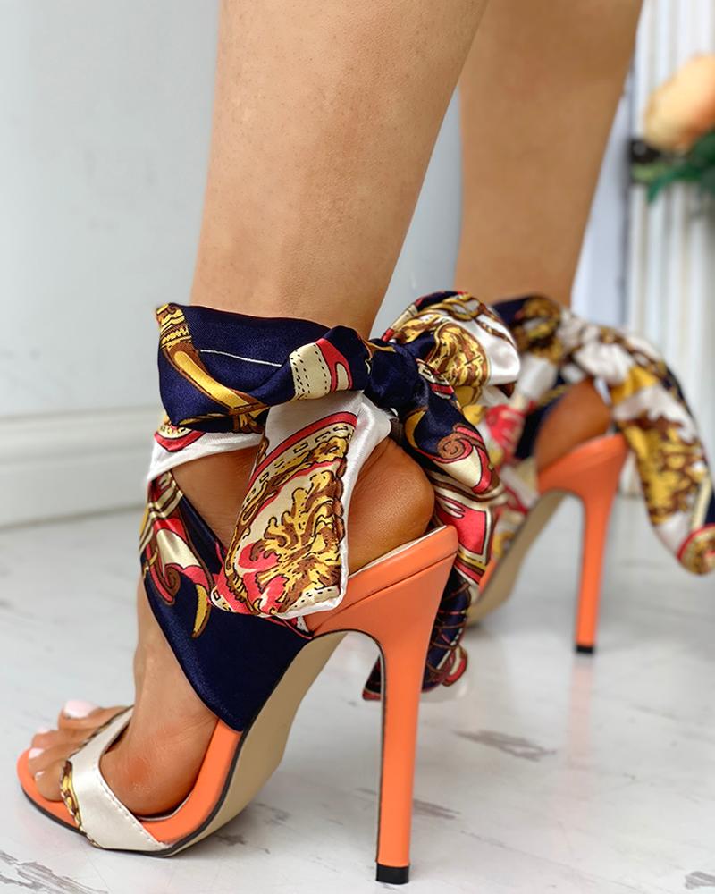 Satin Print Knotted Detail Thin Heeled Sandals