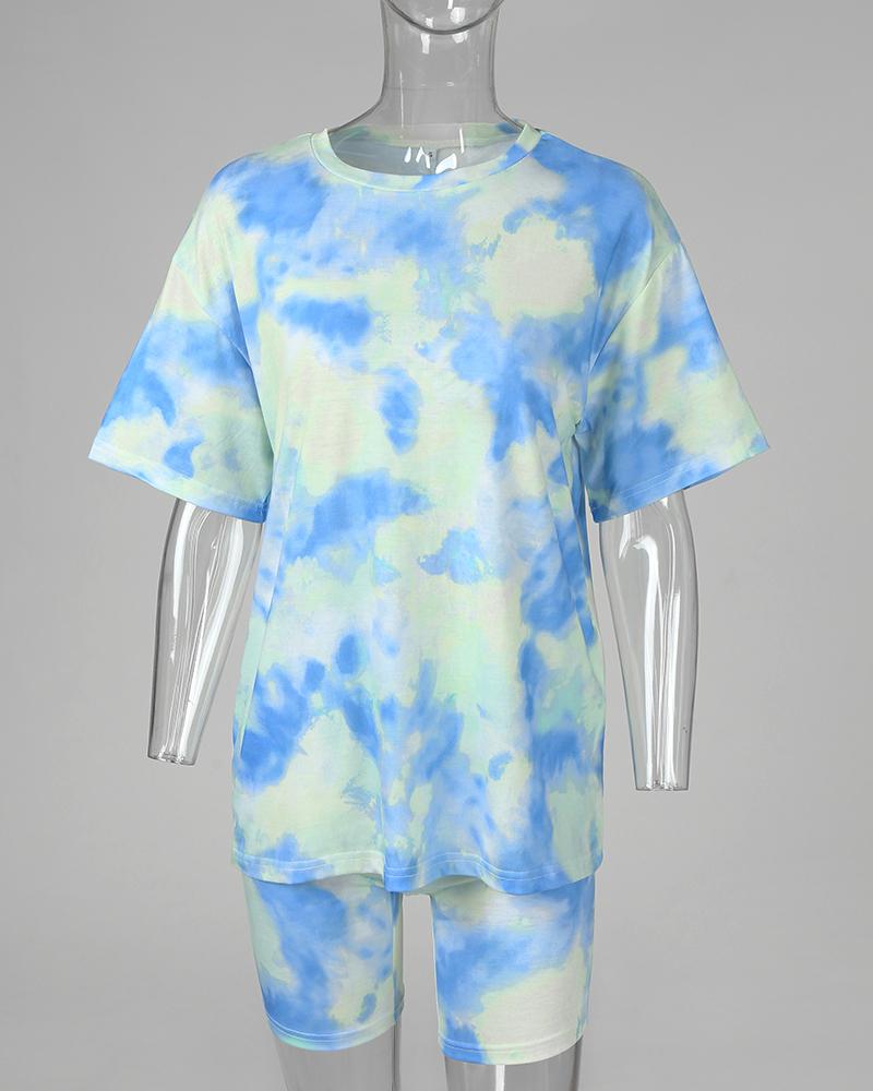 Tie Dye Print Short Sleeve Casual Top & Shorts Set