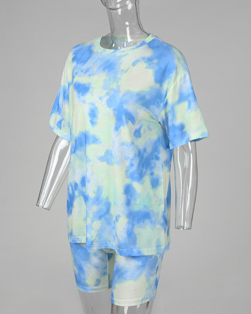 Tie Dye Print Short Sleeve Casual Top & Shorts Set