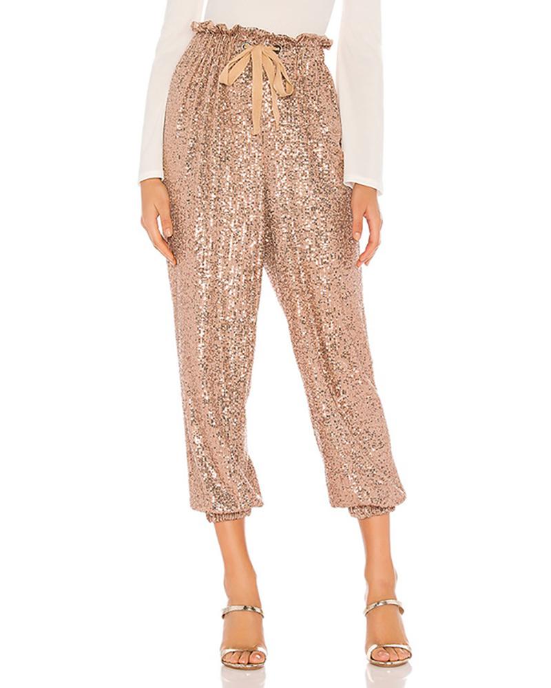 Glitter Drawstring Design Sequins Cuffed Pants