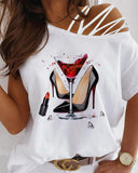 Heels Graphic Print One Shoulder Lace up T shirt