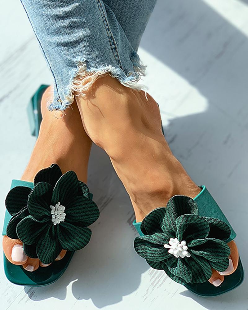 Striped Floral Pattern Square Toe Flat Sandals