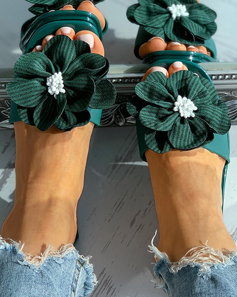 Striped Floral Pattern Square Toe Flat Sandals