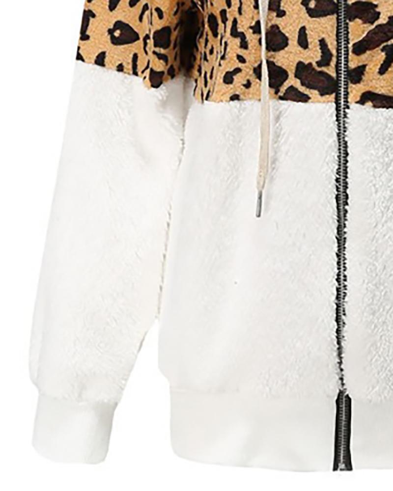 Cheetah Print Colorblock Zip Front Hooded Teddy Coat