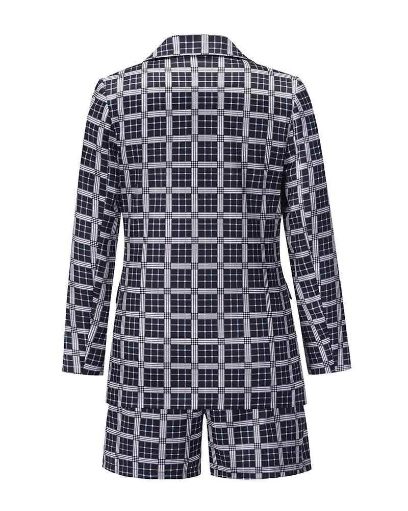 Plaid Print Buttoned Blazer Coat & Tied Detail Shorts Sets