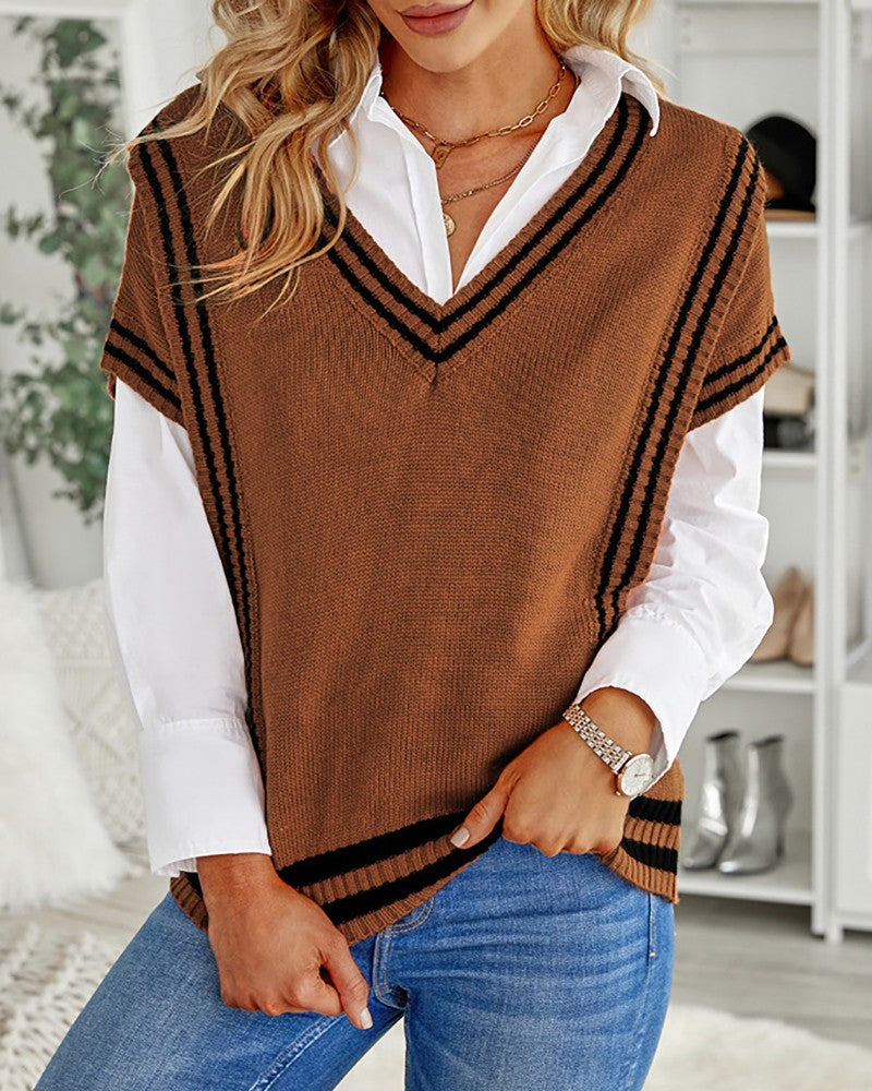 Striped Pattern V Neck Short Sleeve Sweater