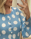 Polkadot Print Lantern Sleeve Buttoned Top