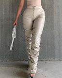 PU Leather High Waist Zipper Decor Ruched Pants