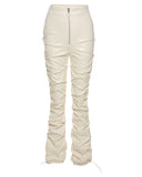 PU Leather High Waist Zipper Decor Ruched Pants