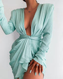 Padded Shoulder Plunge Ruched Asymmetrical Party Dress