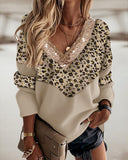 Chevron Leopard Patch Long Sleeve V Neck Top