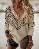 Chevron Leopard Patch Long Sleeve V Neck Top