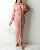 Buttoned Ruched Long Sleeve Shirt Dress