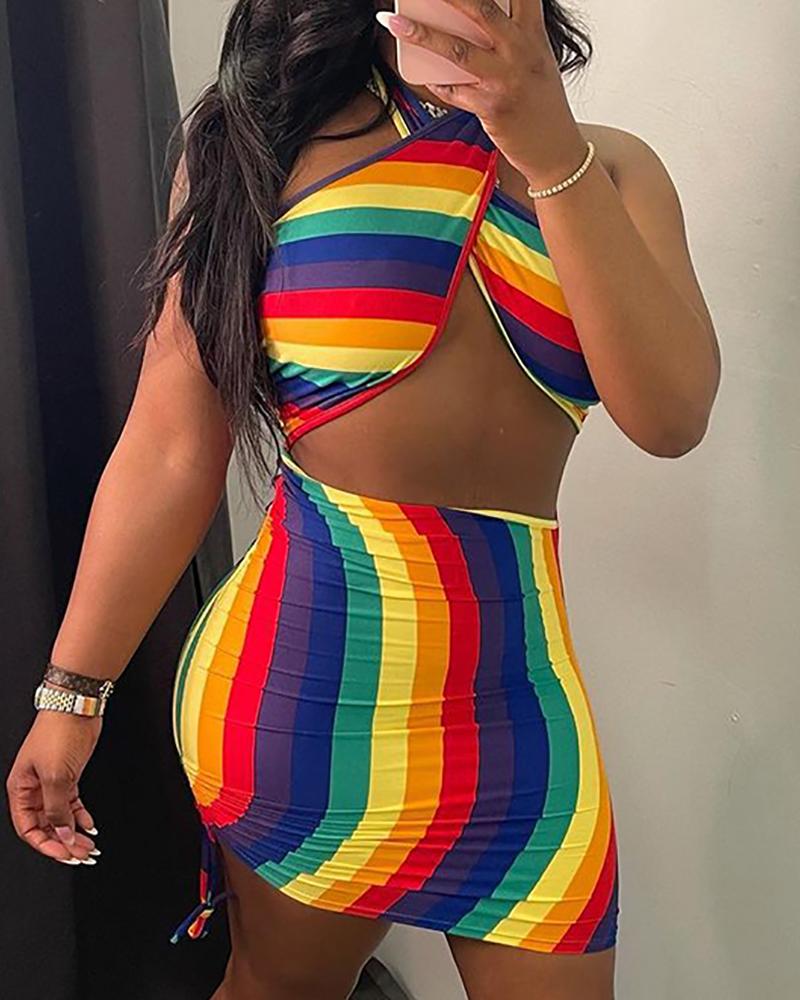 Halter Colorblock Cutout Drawstring Ruched Bodycon Dress