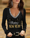 Happy New Year Print Long Sleeve V Neck Top