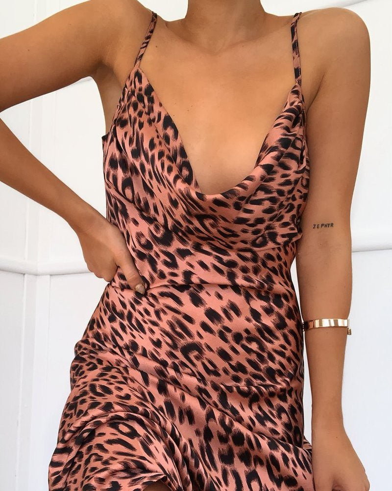 Cheetah Print Cowl Neck Slit Skinny Dress