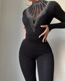 Contrast Mesh Rhinestone Decor Skinny Jumpsuit