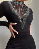 Contrast Mesh Rhinestone Decor Skinny Jumpsuit