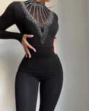 Contrast Mesh Rhinestone Decor Skinny Jumpsuit