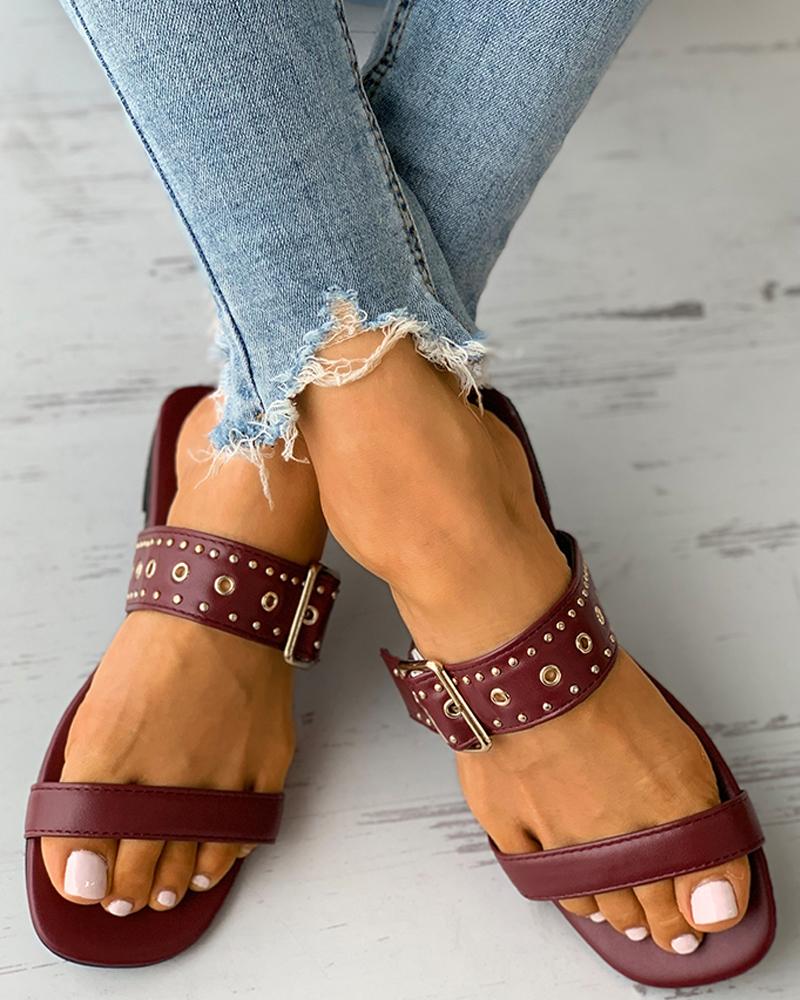 Eyelet Buckled Square Toe Slippers