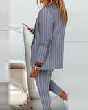 Striped Long Sleeve Blazer Coat & Drawstring Pants Set