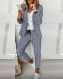 Striped Long Sleeve Blazer Coat & Drawstring Pants Set