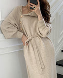 High Neck Buttoned Lantern Sleeve Sweater Dress With Belt