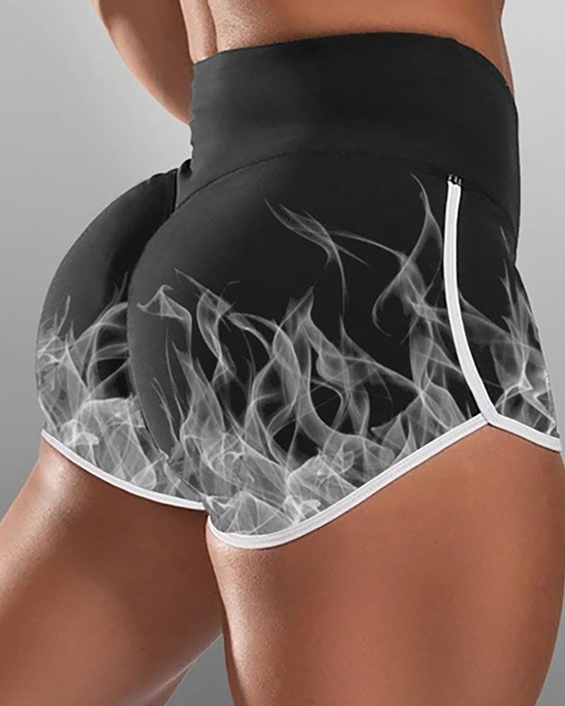 Flame Print Contrast Binding Yoga Shorts