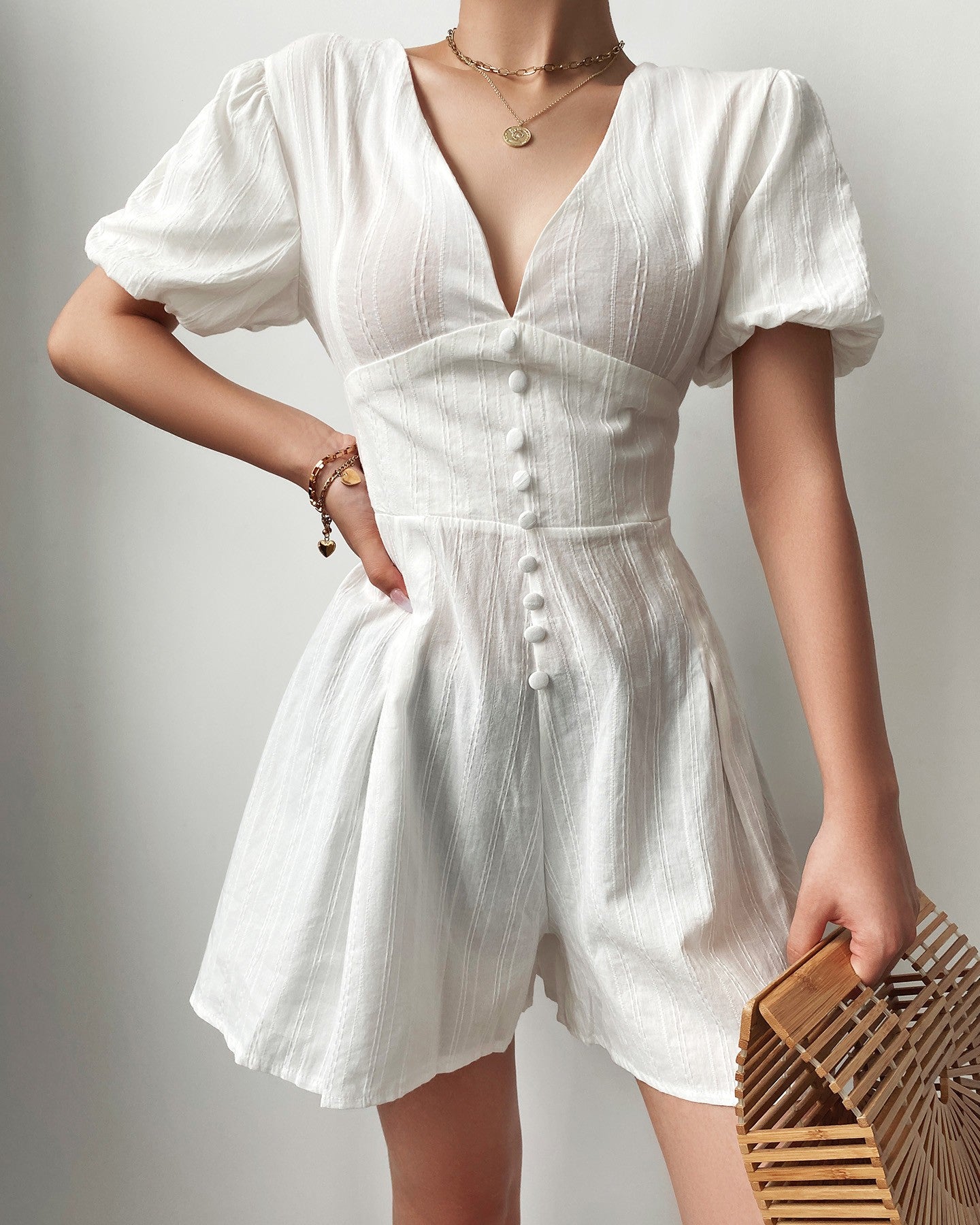 Button Front Puff Sleeve Casual Romper
