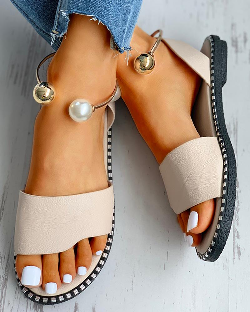 Beaded Ankle Ring Slingback Flat Sandals