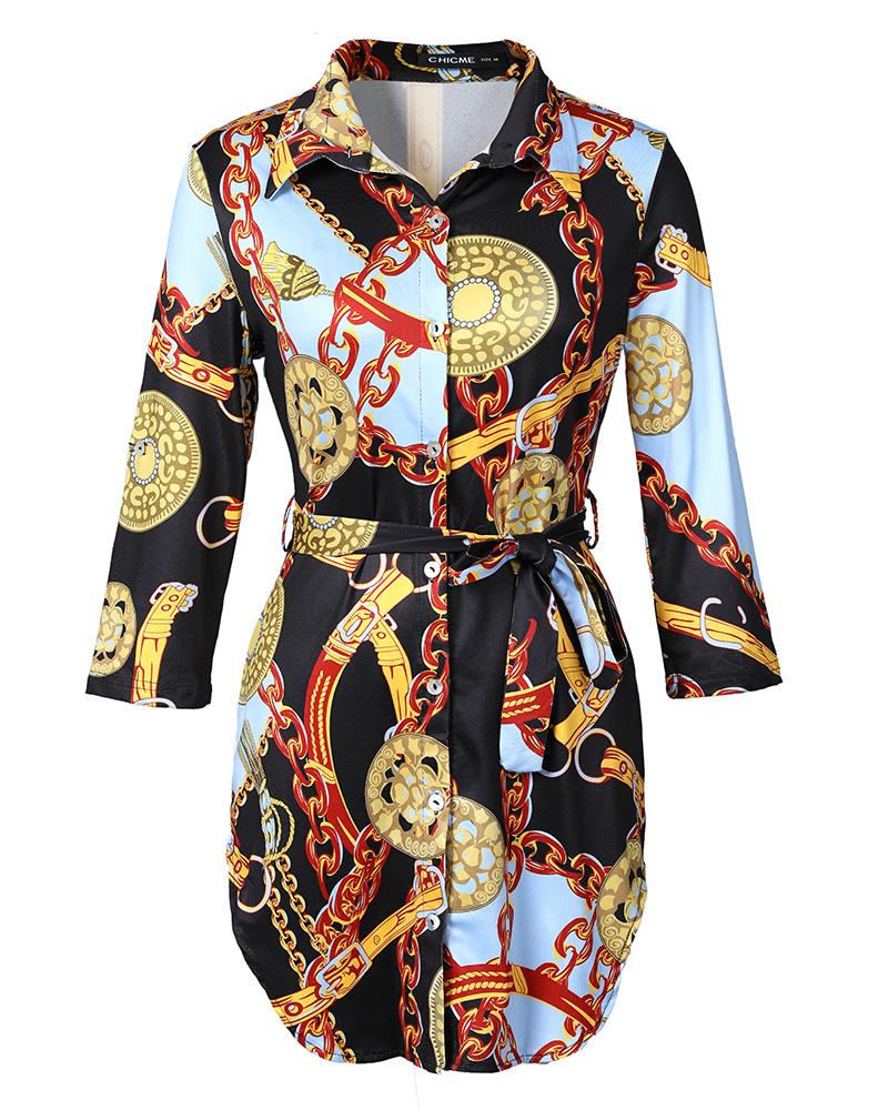Chains Print Belted Casual Shirt Dress