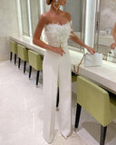 Feather Decor Straight Leg Tube Jumpsuit With Belt