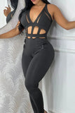 Sexy Casual Solid Hollowed Out Patchwork V Neck Skinny Jumpsuits