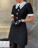 Contrast Lace Tweed Short Sleeve Work Dress