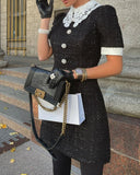 Contrast Lace Tweed Short Sleeve Work Dress