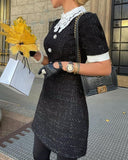 Contrast Lace Tweed Short Sleeve Work Dress